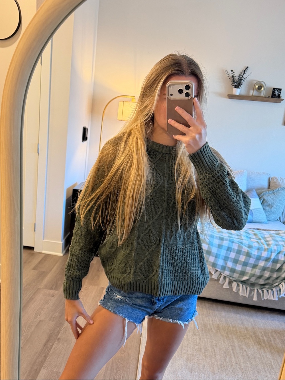 Olive Cable Knit Women's Sweater - Casual Crewneck